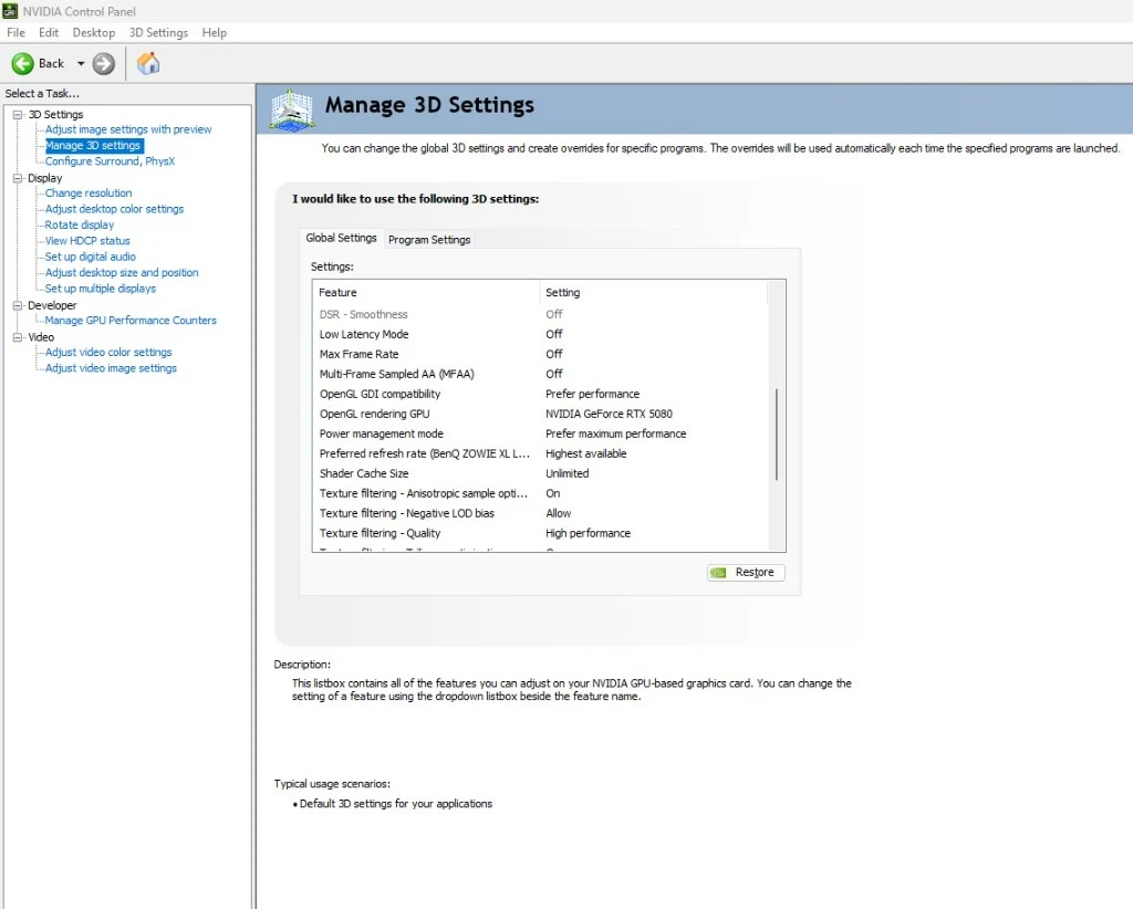 NVIDIA Control Panel, Manage 3D settings, Global Settings: DSR - Smoothness to Texture filtering - Quality