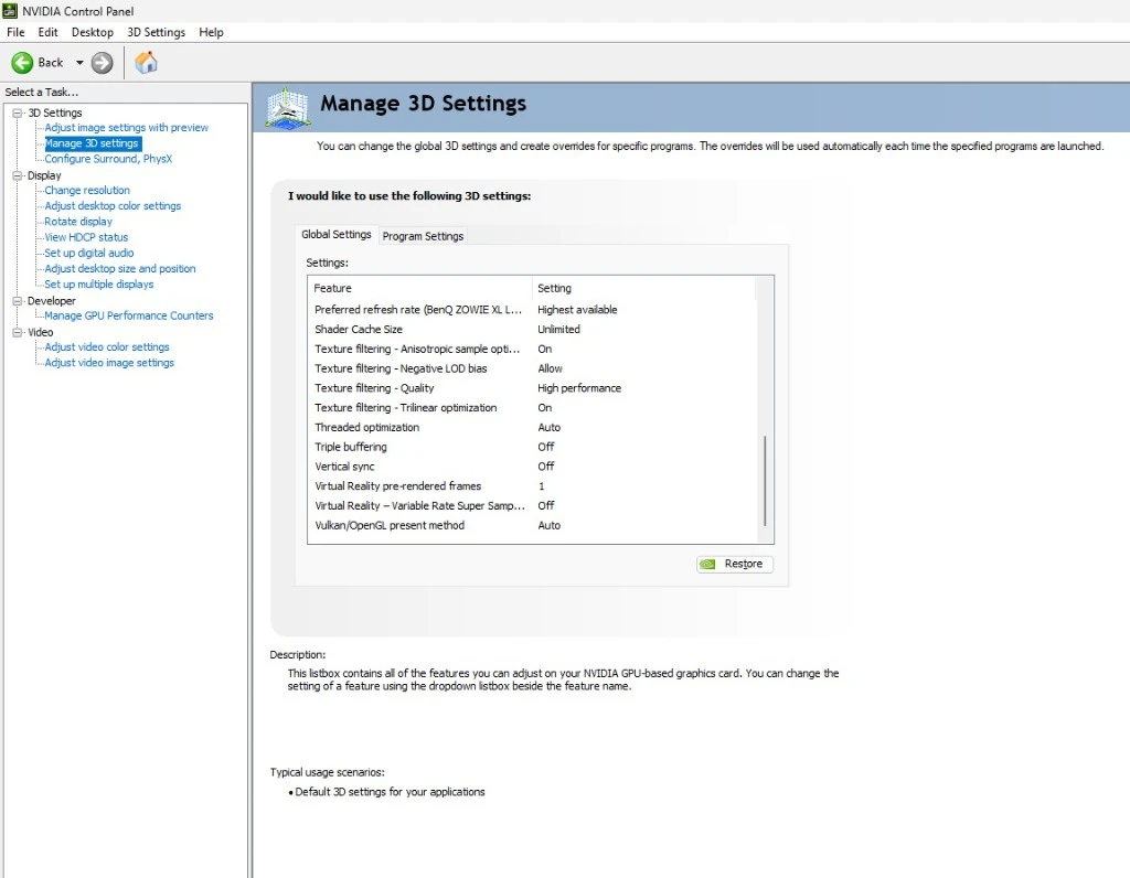 NVIDIA Control Panel, Manage 3D settings, Global Settings: Preferred refresh rate to Vulkan/OpenGL present method